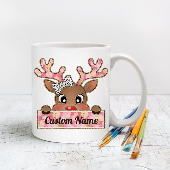 🎀 Personalized Glitter Pink Christmas Reindeer Mug - Custom Name for Kids, Girl - Picture 3 of 4